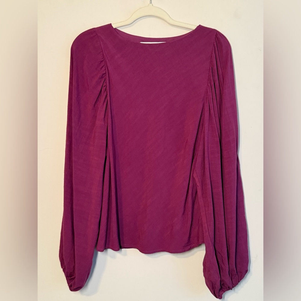 Lusana Purple Linen Blouse | Puff Sleeve Minimalist Top Size
